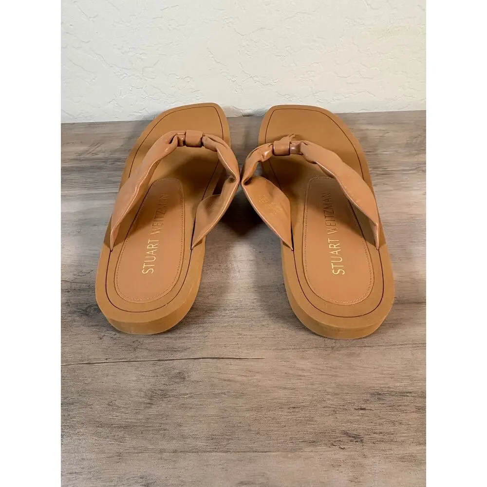 Stuart Weitzman‎ Goldie Knot Tan Leather Square Toe Thong Sandals Womens 10.5B